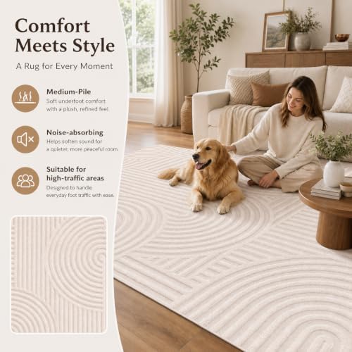 Ciicool 5x7 Area Rug for Living Room,Beige Washable High-Low Pile Carpet