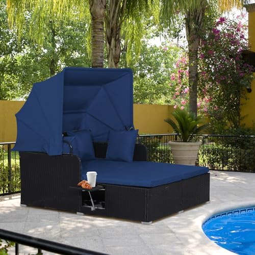 ORALNER Outdoor Daybed, 2-Person Wicker Patio Sofa with Retractable Canopy, C...