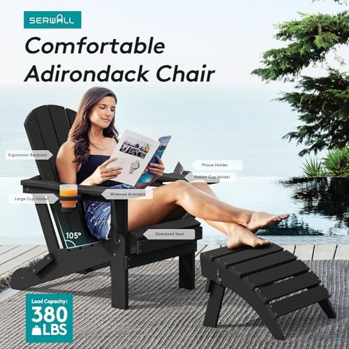 SERWALL Outdoor Adirondack Chair Set of 2 with Cup Holders,Foldable,Black