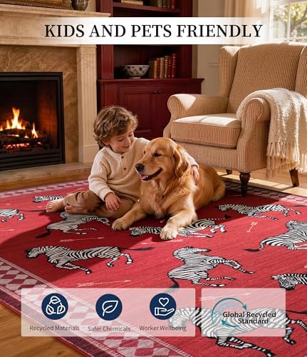 YIHOUSE Red Zebra Area Rugs 6×9, Washable Animal Print Rug with Checkered Bor...