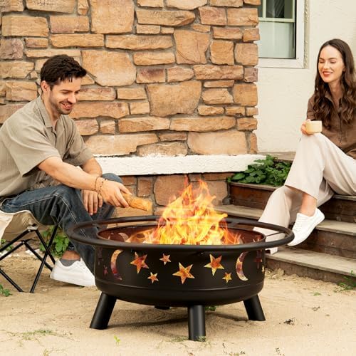 32 Inch Round Fire Pit with Mesh Cover, Fire Poker, Star and Moon Design, Met...