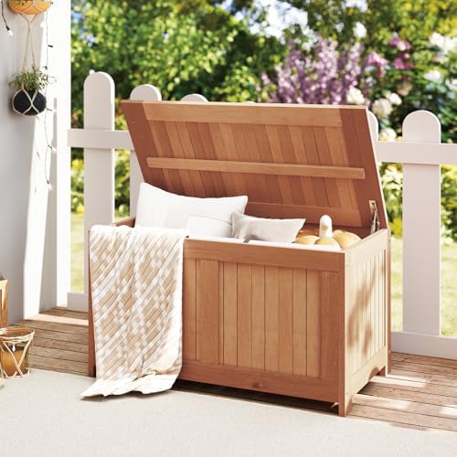 Tangkula 52 Gallon Wood Outdoor Storage Box, 3-in-1 Patio Storage Bench with ...