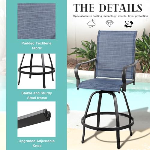 Vongrasig 2 Piece Patio Swivel Bar Chairs, All Weather Metal Textile High Swi...