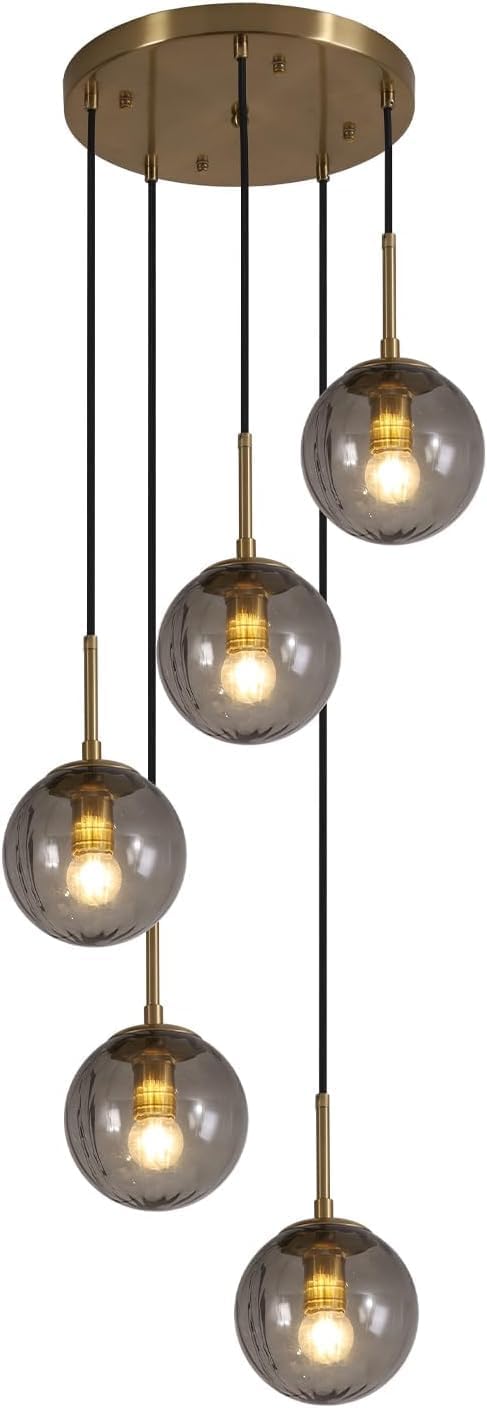 KCO Gold 5-Light Smoke Gray Ribbed Glass Globe Cluster Pendant Lighting