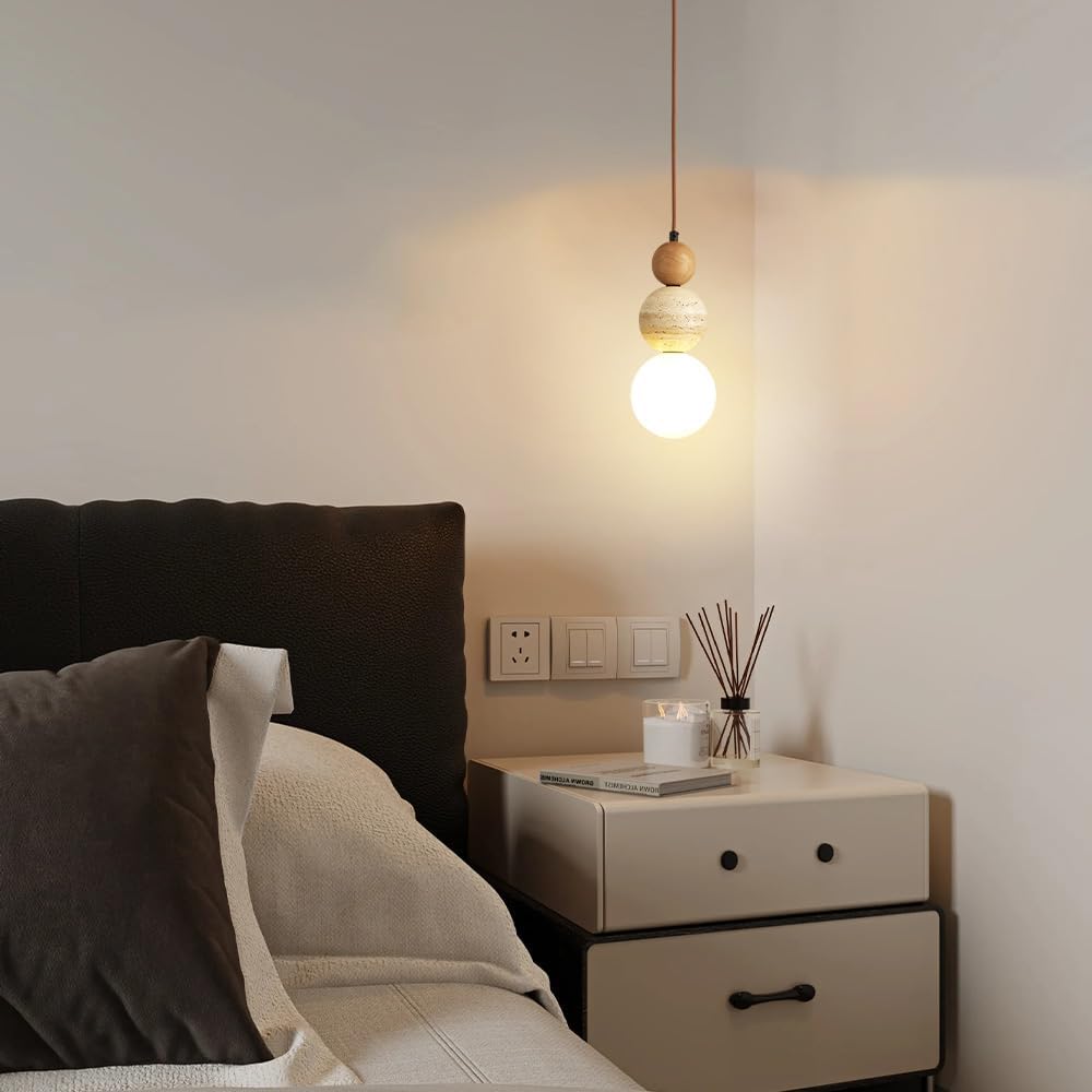 Modern Natural Stone Pendant Light, Frosted White Glass Spherical Hanging Lig...