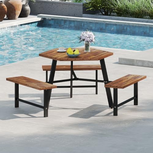 GIANTEX Picnic Table Bench Set for 6, Acacia Wood Outdoor Dining Table Set wi...
