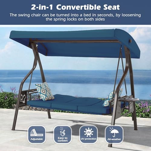 zzw 3-seat outdoor porch swing with stand, patio shown in use