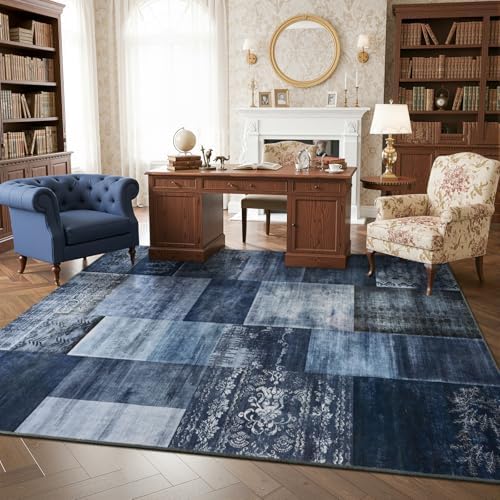DweIke Washable Area Rugs 4x6 for Living Room, Modern Geometric Navy Blue Sof...