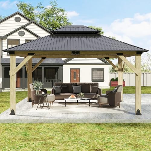 13x15 FT Wood Gazebo,Outdoor Wooden Hardtop Gazebo with Galvanized Steel Doul...