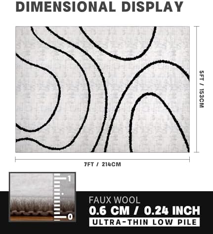 YIHOUSE Modern Area Rugs for Bedroom,5x7 Washable Black and White Rug, Thin A...