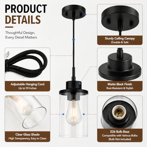 Black Farmhouse Clear Glass Cylinder Pendant Light, Modern Hanging Fixture (3...