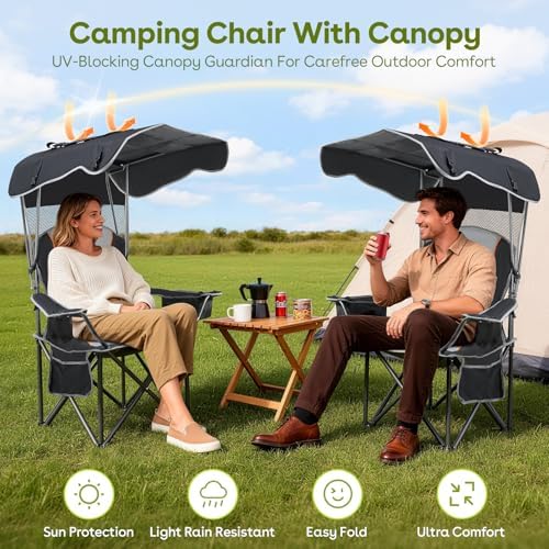 Suteck Camping Chair with Canopy Shade, Folding Outdoor Beach Chairs,Black