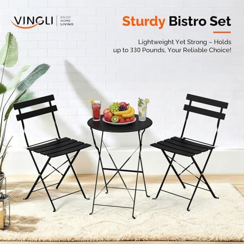 VINGLI Outdoor Folding Bistro Table and Chairs Set of 2, 3-Piece Bistro Set w...