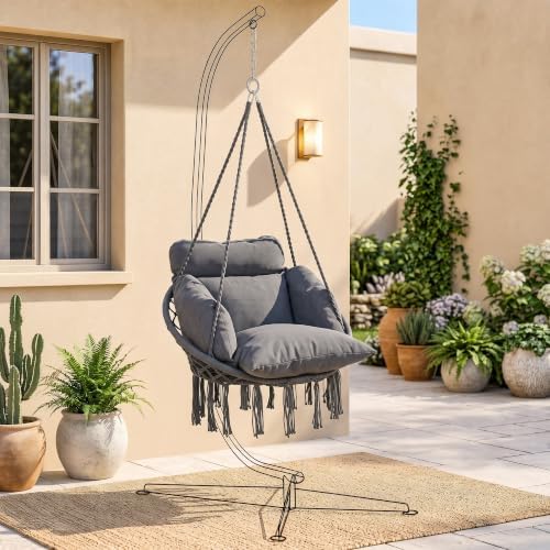 Outsunny Hammock Swing Chair w/Large Cushion Cotton Rope Chain Dark Gray