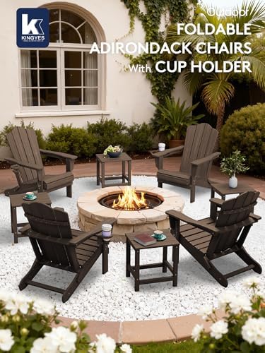 KINGYES Folding Adirondack Chair Set of 2 with Cup Holder, Coffee