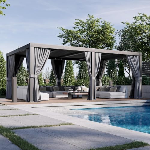 Aoxun Louvered Pergola 12x20 All-Aluminum, String Lights,Curtains & Netting
