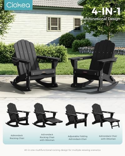 Ciokea Adirondack Rocking Chair with Footrest, Folding HDPE Rocker (Black)