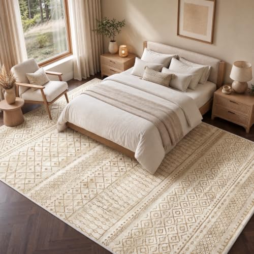 Amada Homefurnishing 9x12 Washable Area Rugs, Beige Boho Geometric Low-Pile R...