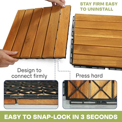 Acacia Wood Interlocking Deck Tiles, Waterproof Patio Tiles, 9 PCS- Golden