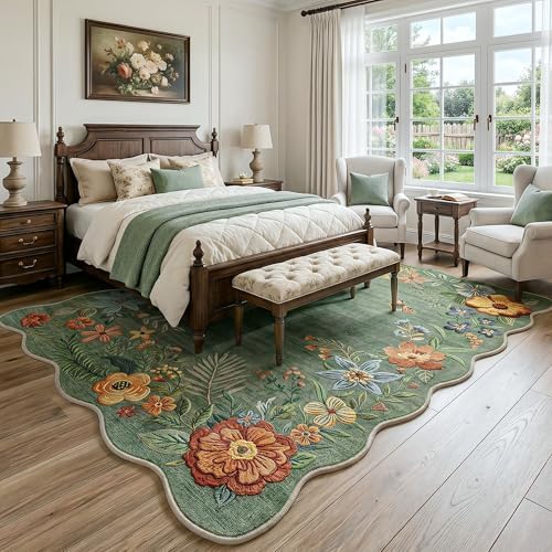 FMFUNCTEX 8x10 Washable Sage Green Boho Scalloped Area Rug for Living Room