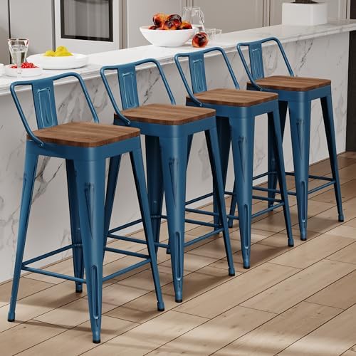 24" Barstools Set of 4 Counter Height Bar Stools Side Chair-Distressed Navy