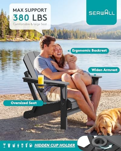 SERWALL Folding Adirondack Chair with Cup Holder Set of 2, Fire Pit - Gray