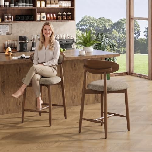 Wooden Bar Stools Set of 2, 24.8” Counter Height Stools with Rubberwood Legs ...