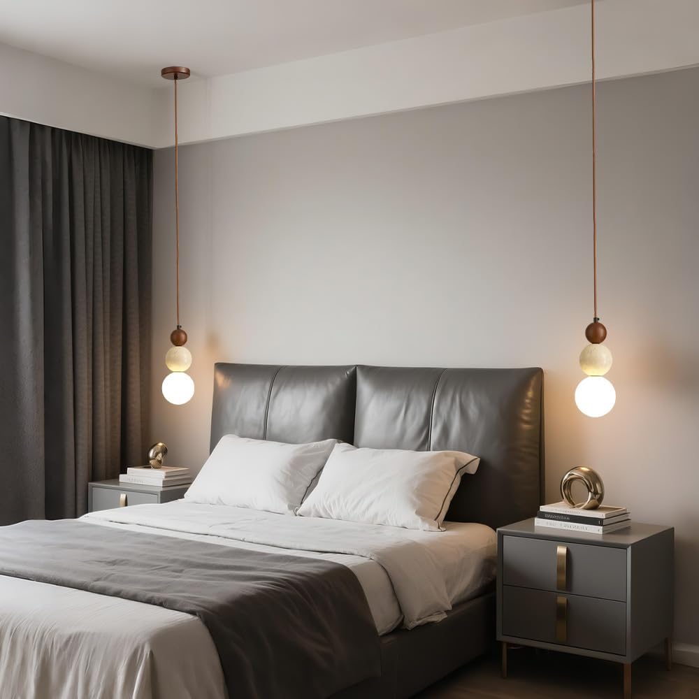Modern Natural Stone Pendant Light, Frosted White Glass Spherical Hanging Lig...