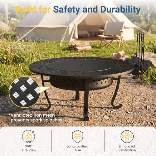 43" Large Fire Pit for Outside with 2 Adjustable Grills,Lid & Fire P...