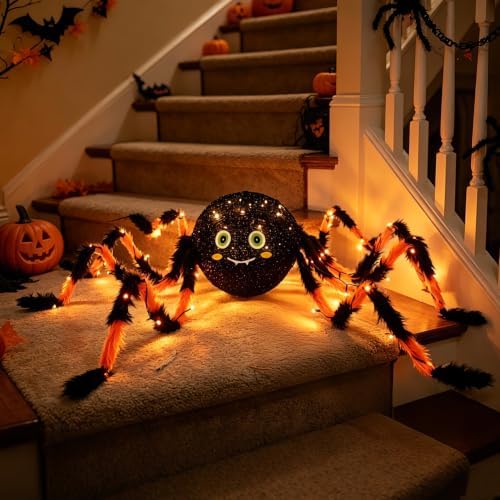 Hairui Halloween Spider with Lights 54IN for Home Patio Porch Decor