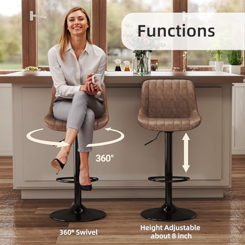 Youhauchair Adjustable Faux Leather Bar Stools Set of 2, Light Brown
