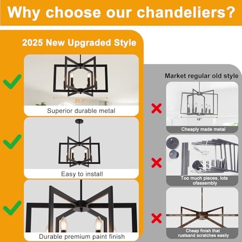 22" Black Chandelier for Dining Room, 6-Light Geometric Farmhouse Dining...