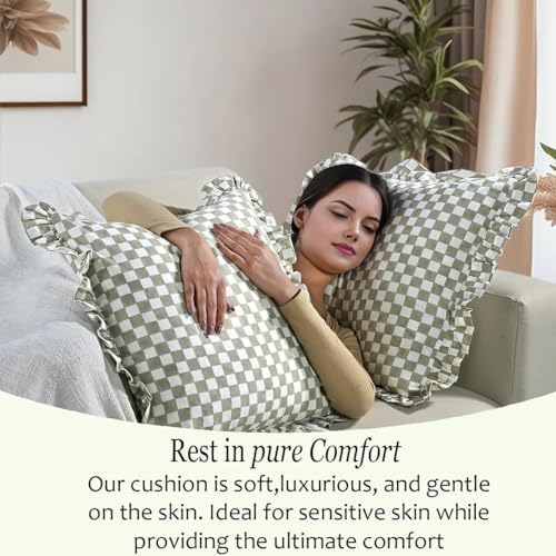 CPC Sage Gingham Print Ruffle Throw Pillow Cover 18x18 Inch, Pack of 2