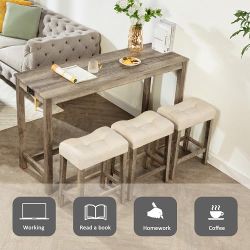 KEIKI 4-Piece Bar Table Set with Charging Ports, 59" Industrial Kitchen ...