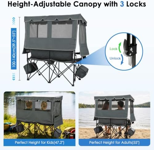 Suteck Double Camping Chair with Canopy, 660lbs Folding Loveseat with Shade