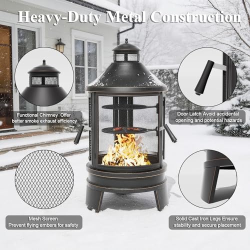 Gotland 2 in 1 Metal Chimenea with Grill, Outdoor Fire Pit with Adjustable Gr...