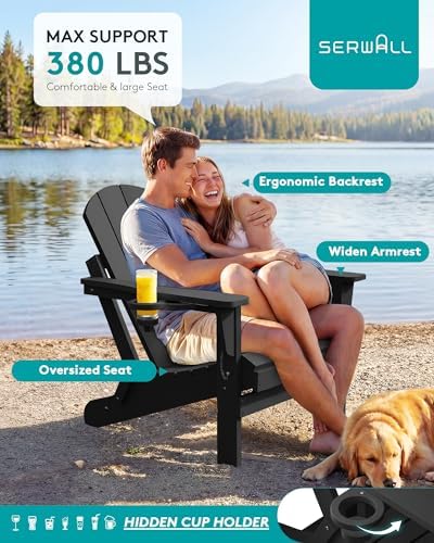 SERWALL Folding Adirondack Chair with Cup Holder Set of 2, Fire Pit - Black