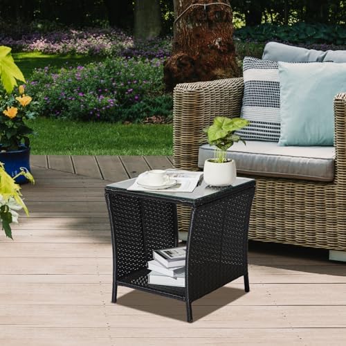 Wicker Rattan Side Table, Outdoor Square Rattan Coffee End Table with Tempere...