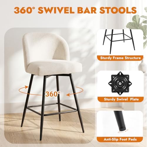 Counter Height Bar Stools Set of 3, 360° Swivel Upholstered Barstools with Ba...