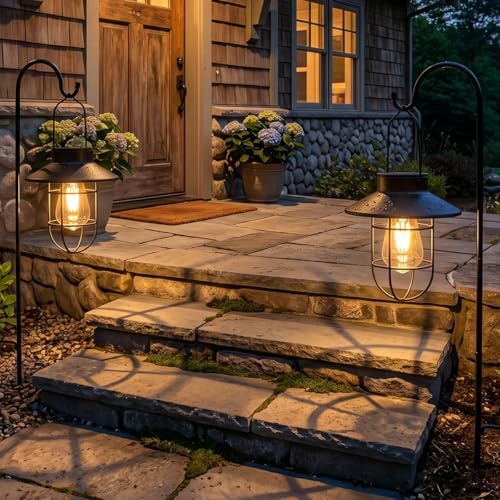 Solar Lantern Hanging Vintage Metal Light with Shepherd Hook