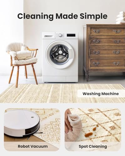 Amada Homefurnishing 9x12 Washable Area Rugs, Beige Boho Geometric Low-Pile R...