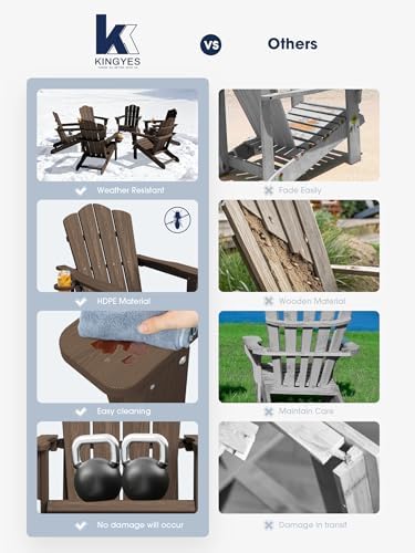 KINGYES Folding Adirondack Chair Set of 2 with Cup Holder, Coffee