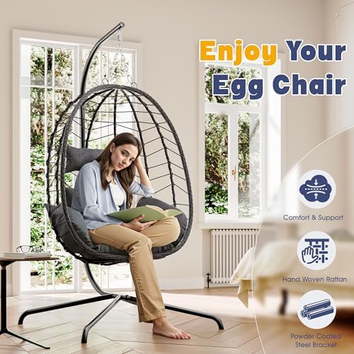 LEX CRAFT Egg Chair with Stand, Patio Wicker Hanging Chair, Hammock Swing Cha...