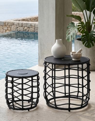 PARTPHONER Boho Solar Outdoor Side Table with Built-in Lights Set of 2, All-W...