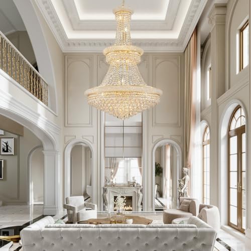 19-Lights High Ceiling Chandelier Modern Gold Crystal Chandeliers Large Foyer...
