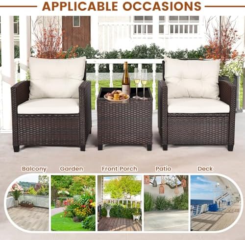 ORALNER 3 Pieces Patio Furniture Set, Outdoor Wicker Bistro Set (White)