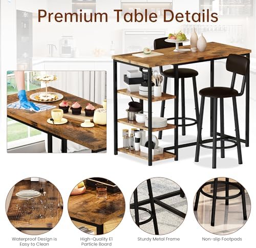 Recaceik Pub Dining Table Set for 2, Table and Bar Stools with 3 Storage Shel...