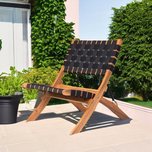 Patio Sense Sava Outdoor Folding Chair | Acacia Wood Construction | Black Wov...