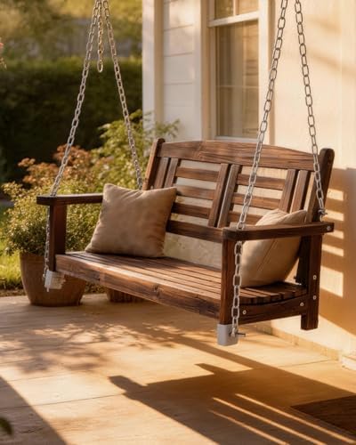Outvita 44" Fir Wood Porch Swing with Reclined Backrest & Hanging Ch...