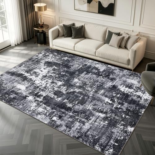 Sasttie 8x10 Washable Area Rug, Modern Abstract Large Carpet, Black & White
